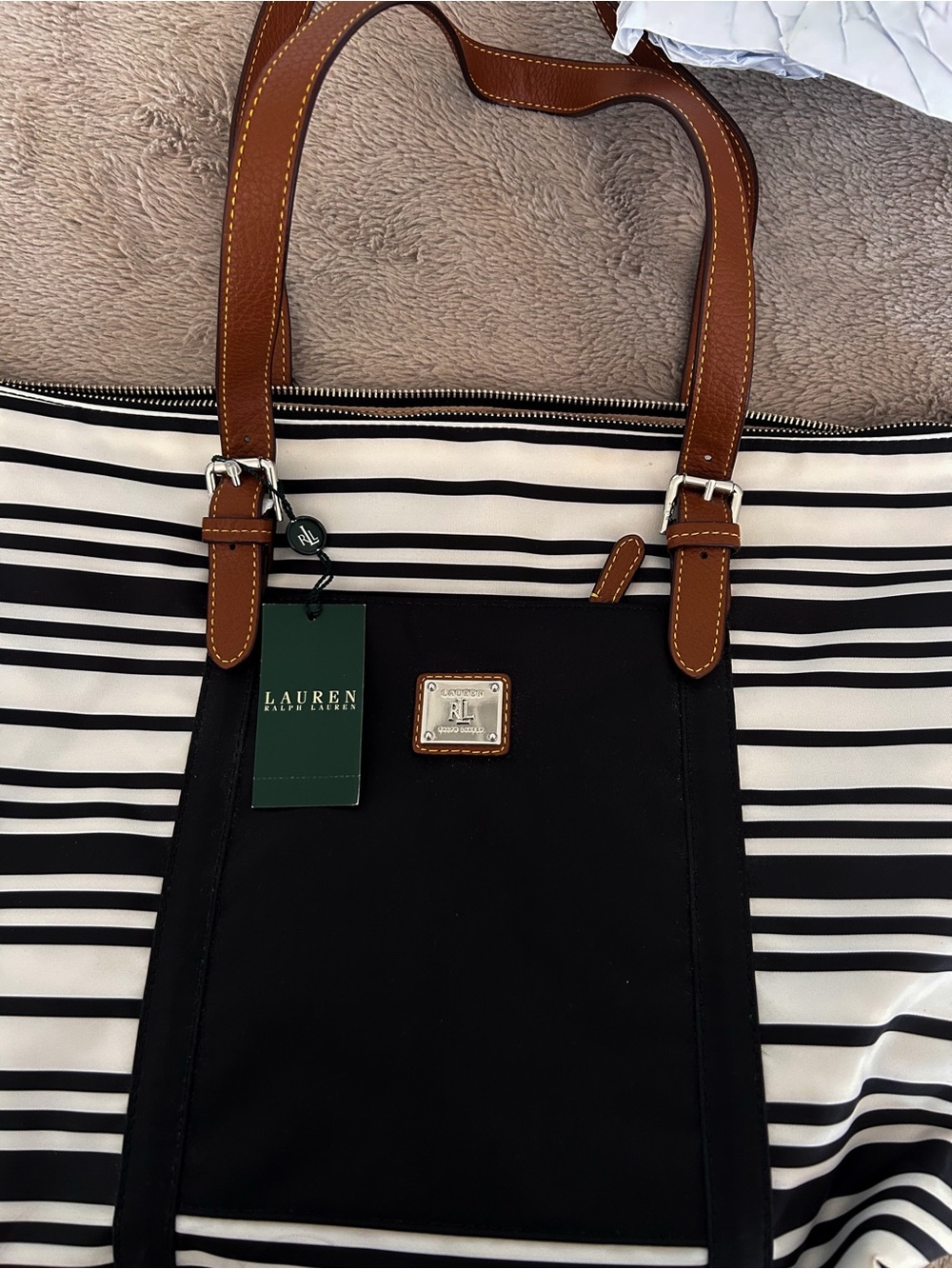 New Lauren Ralph Lauren Black & White Striped Tote with Brown Leather Straps